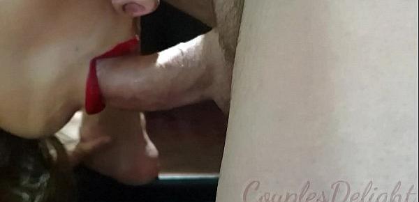  100 Natural Big Lipped skinny wife applying long lasting red lipstick, sucking and deepthroating my cock untill she receives a creamy reward - couplesdelight